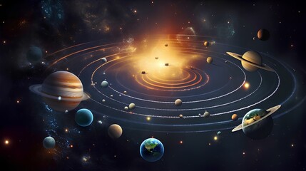 a solar system filled with many planets and stars.