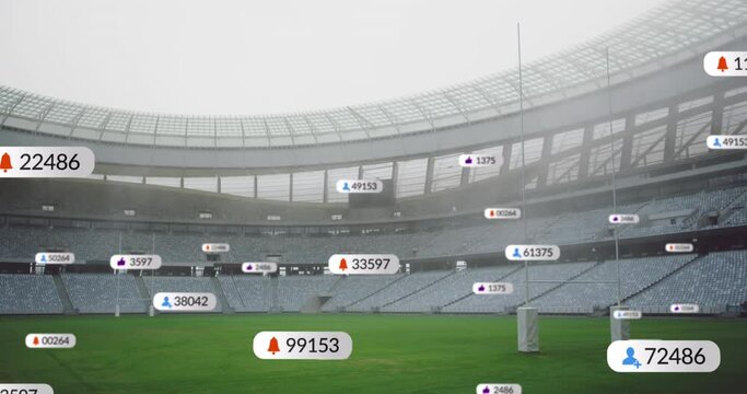 Animation of social media icons floating against empty sports stadium