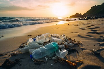 Fototapeta na wymiar Ocean pollution by plastic waste. Waves and a bottle. Generative AI