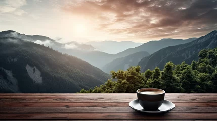 Poster A  cup of coffee on  a  table  with  a  mountain  view © Berkahmu