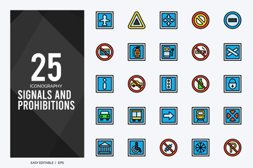 25 Signals and Prohibitions Lineal Color icons pack. vector illustration.