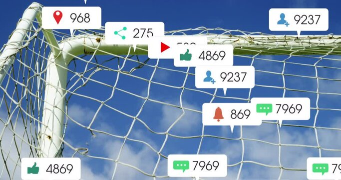 Animation of social media icons floating against close up of a goal post