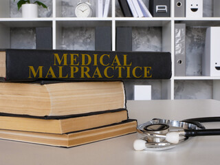 Medical malpractice law book and a stethoscope.