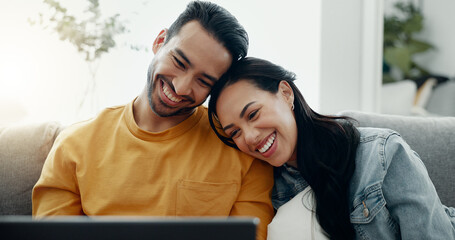 Happy couple, laptop and relax in home for love, watch comedy movies or scroll website for online...
