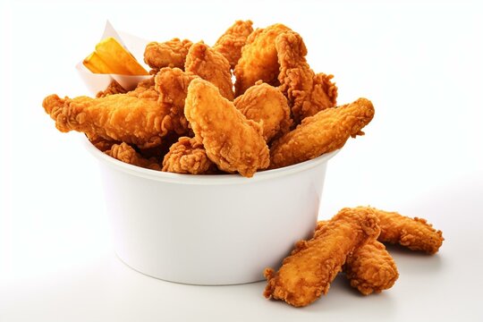 Crispy fried chicken strips in a bucket, isolated on a white background. Generative AI