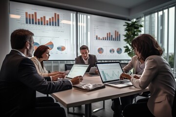 Business people group meeting in office. Professional businesswomen, businessmen, and office workers work in team conferences with project planning documents on the meeting table.