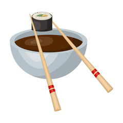 soy sauce in a bowl, sushi sticks. vector illustration