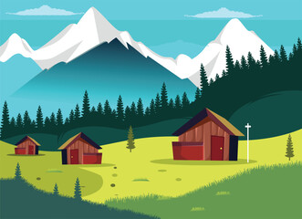 Fototapeta na wymiar vector mountain green field alpine landscape nature with wooden houses
