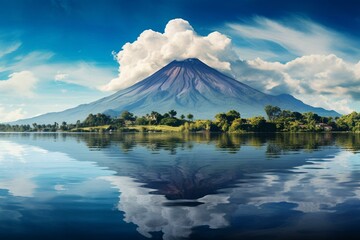 Fototapeta na wymiar Scenic panorama of a volcano from a lagoon in San Miguel, El Salvador. Generative AI