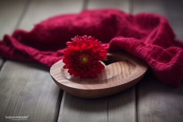 Crimson flower in vase, heart cloth - wooden surface. Generative AI