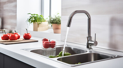 Metal kitchen sink and tap water in kitchen - Powered by Adobe