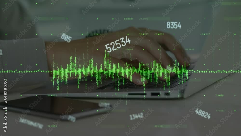 Poster animation of multiple changing numbers, data processing over mid section of man using a laptop