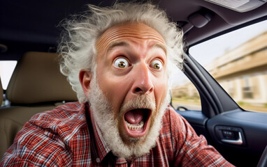 A shocked and surprised granny driving car