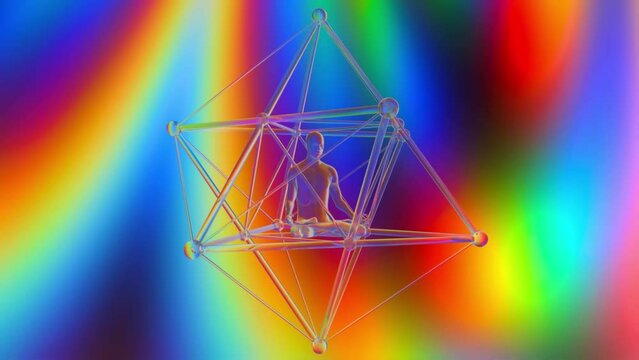 looped 3d animation. a glass merkaba guided by the meditation of an initiate flies through astral space