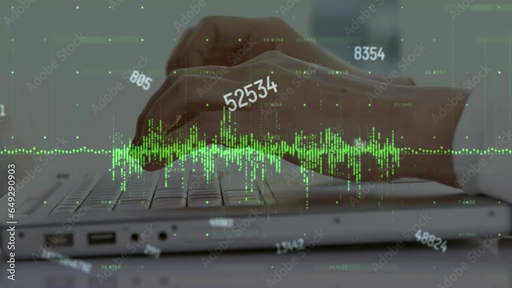 Poster animation of multiple changing numbers, data processing over mid section of man using a laptop