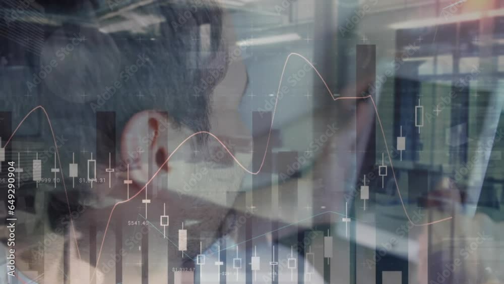 Poster animation of data processing over rear view of a asian man using a tablet against empty office
