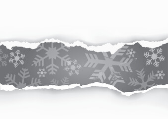 

Christmas torn paper stripe with snowflakes.
Illustration of christmas grey paper background with place for your text or image. Vector available.