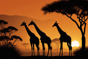Fototapeta na wymiar Scherenschnitt Afrikanische Giraffen im Sonnenuntergang.