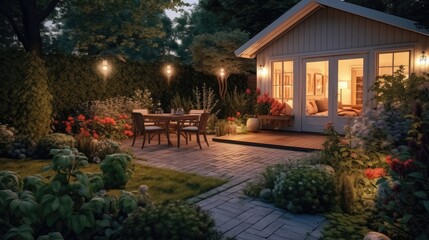Obraz premium Summer Evening at a Picturesque Suburban House Patio. Garden Lights Aglow