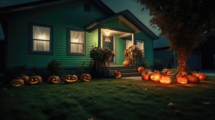 Halloween Decorations Outside a House. A Nighttime Display in Spooky Red Hues