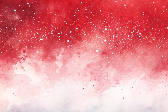 Red watercolor background with snow, Christmas red and white watercolor background