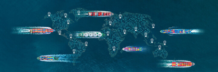 AI Cargo ship technology. Global Logistics international delivery concept, World map logistics and...