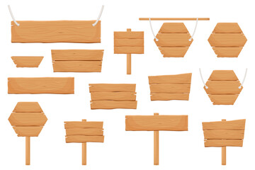 Set of Wooden banners, Textured templates of billboards, rustic announcement signs. Vector cartoon collection of wooden texture backgrounds.