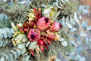 bouquet of flowers with protea - obrazy, fototapety, plakaty