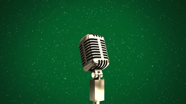 Animation of microphone over white spots in seamless pattern on green background with copy space