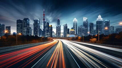 Obraz premium Vibrant light trails streak along a busy highway leading toward a modern city skyline at twilight, perfect for a transport or technology banner.