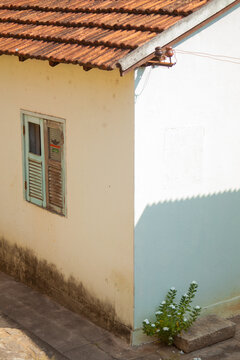 side of simple house with blue window, roof and plant