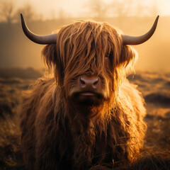 A highland cow on a scottish field - obrazy, fototapety, plakaty