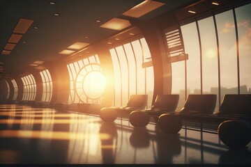 An airport lounge with a picturesque sunset view through the terminal window, creating a serene atmosphere for departing travelers