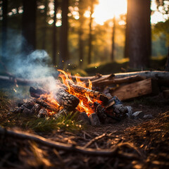 a campfire site in the morning sun in the forest - obrazy, fototapety, plakaty