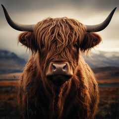 A highland cow on a scottish field - obrazy, fototapety, plakaty