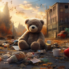 An old toy bear without paws is lying near a bin against the background of an autumn cityscape. - obrazy, fototapety, plakaty