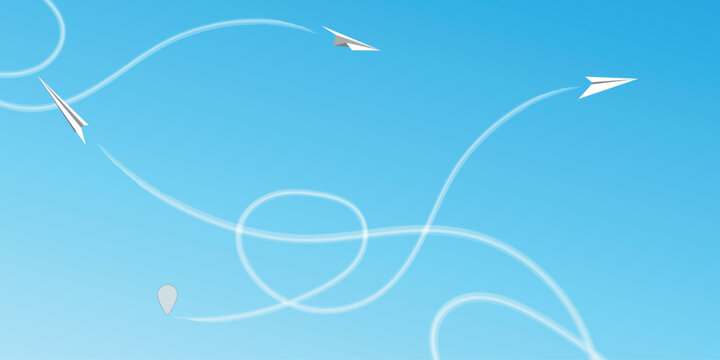 Paper Plane Flying On Blue. Route Of Aircraft In Form Of Dotted Line. Be Yourself, Think Differently Concept. Going Out Of Line, Innovation, Unique, Leadership, New Idea. Travel Concept. Vector