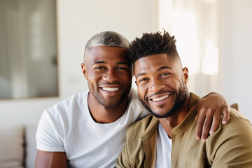 Obraz premium Homosexual partnership, LGBTQ, African American gay couple at home