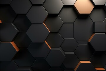 Wall made of semigloss hexagonal tiles with a 3D black futuristic block background. Generative AI
