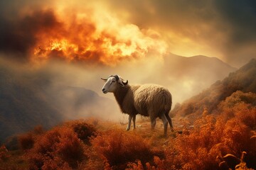 Sheep surround fiery bush atop mountain. Bible tale with religious motif. Generative AI - obrazy, fototapety, plakaty