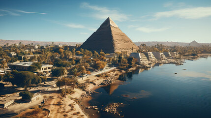 Egyptian pyramids and city on the Nile river. Aerial view from above. - obrazy, fototapety, plakaty