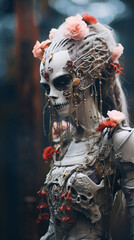 Fototapeta na wymiar Woman with skeleton head and flowers in futuristic fashion. Cyberpunk elegance. Sculptural cyberpunk. Mask, totem, Shang dynasty inspiration. Cyberpunk art with skeletons and flowers.