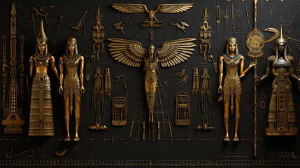 Ancient Egyptian hieroglyphs and symbols on a black wall. - obrazy, fototapety, plakaty