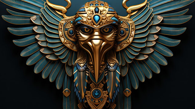 Fantasy egyptian pharaoh goddess with golden wings on a black background.