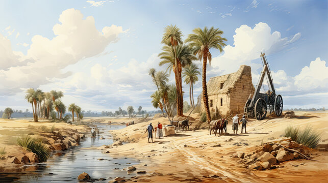 Egyptian village on the bank of the Nile river, digital painting.