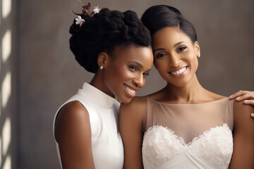 Naklejka premium Lesbian couple wedding, a momentous event where love knows no boundaries, featuring an African American bride