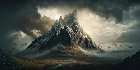 Panoramic view of the mountain peaks in the clouds at sunset - obrazy, fototapety, plakaty