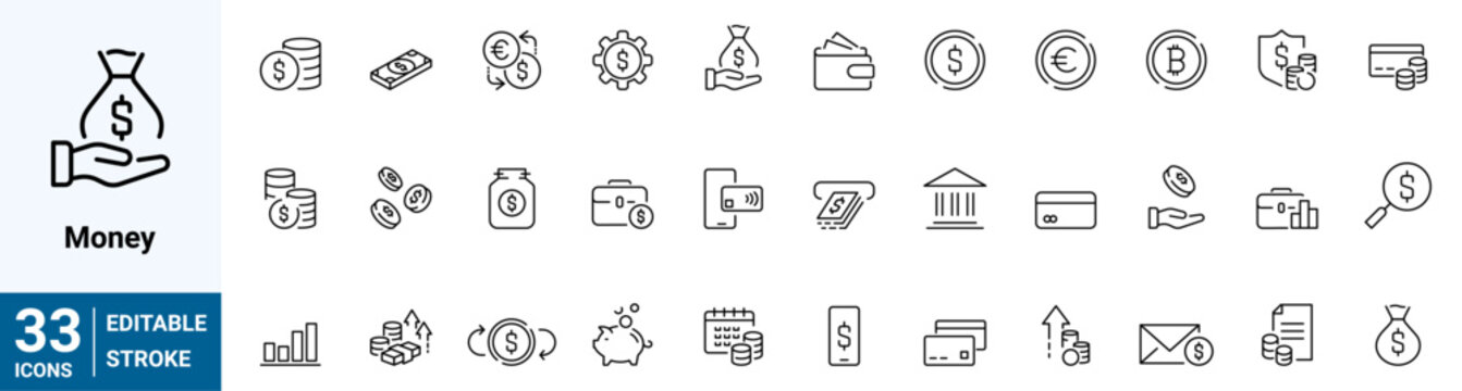 set of 33 line web icons Money and Coins. Piggy Bank, Cash, Credit Cards, Money Bag, Currency Exchange, Coins and Paper Bills and others. Editable stroke.