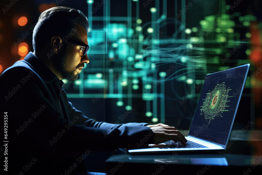 Poster side view os businessman coding on laptop with glowing graphs in the background