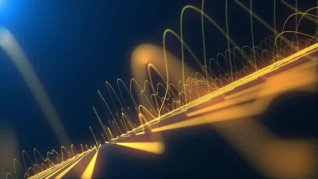 Glowing gold neon oscillating sine waveforms flowing up and down at high frequency towards the camera. This science oscillation concept motion background is 4K and a seamless loop.
